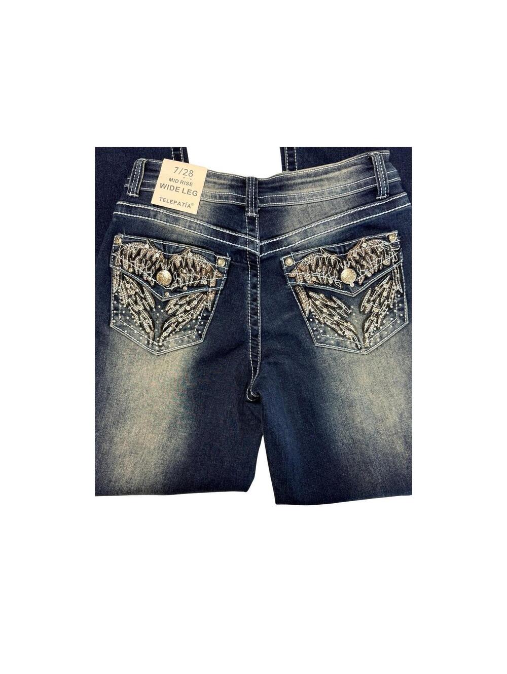 Telepatía Women’s Wide Leg Jeans Size 7/28 Mid Rise Rhinestone Pockets Y2k Style